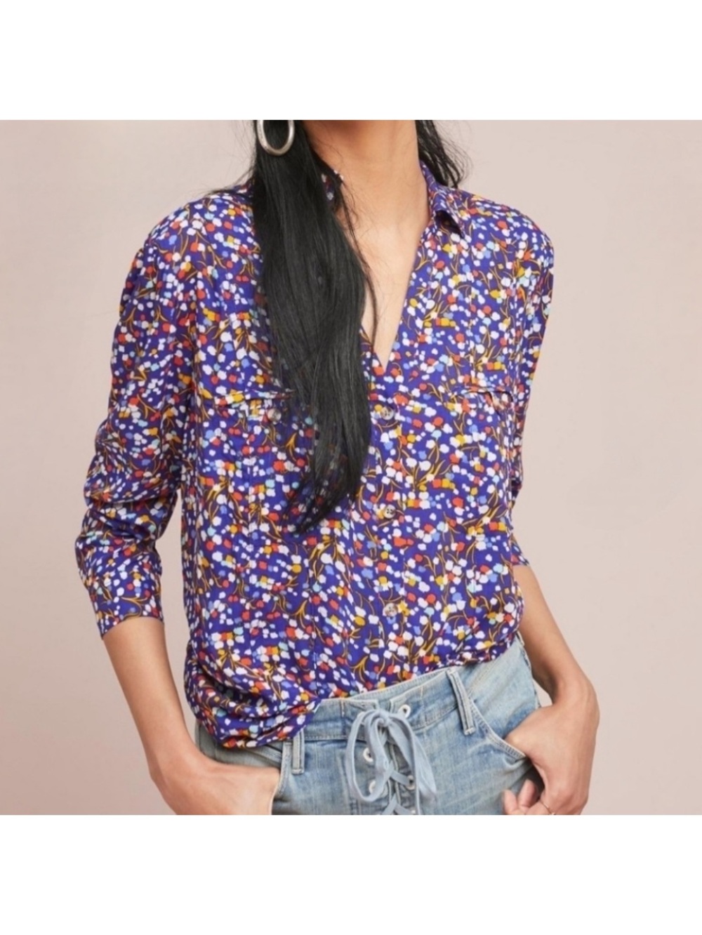 Anthropologie Royal Blue Floral Button-Down Shirt